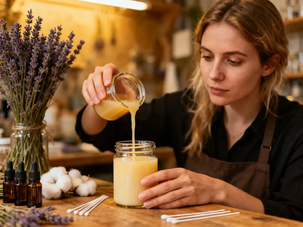 Kobieta wlewa roztopiony wosk sojowy do szklanego słoika podczas domowej produkcji świec zapachowych.