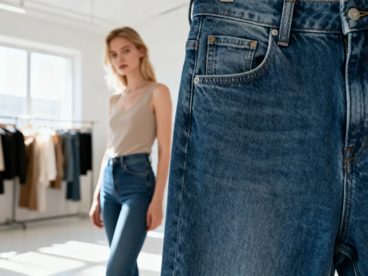Stylowa kobieta w idealnie dopasowanych jeansach w nowoczesnym studiu mody. Zdjęcie prezentuje krój i fakturę denimu.