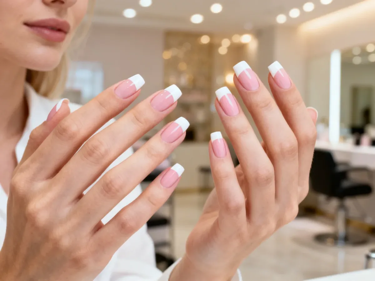 Dłonie z perfekcyjnie wykonanym manicure francuskim z wyraźnymi białymi końcówkami i różową płytką paznokcia.