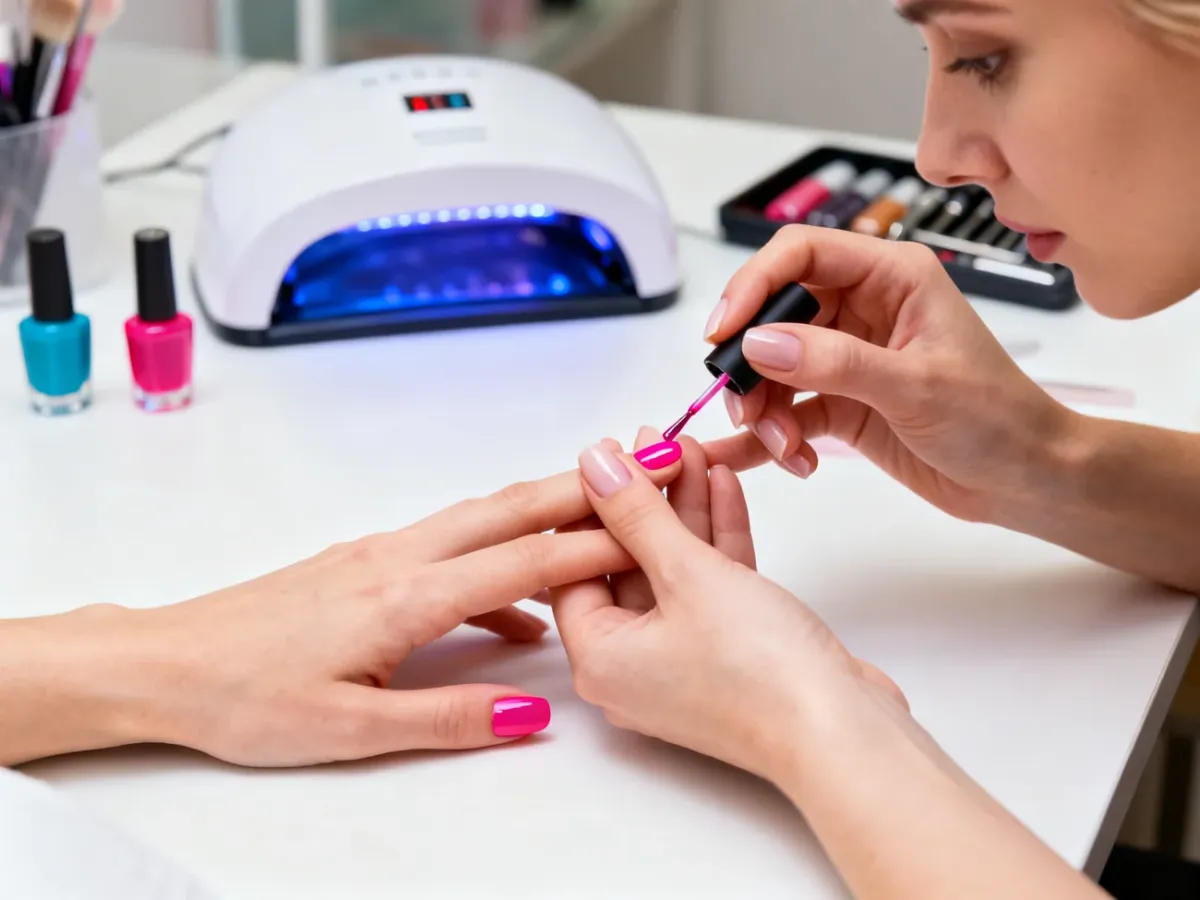 Dłonie kobiety podczas precyzyjnego malowania paznokci lakierem hybrydowym na stanowisku do profesjonalnego manicure.