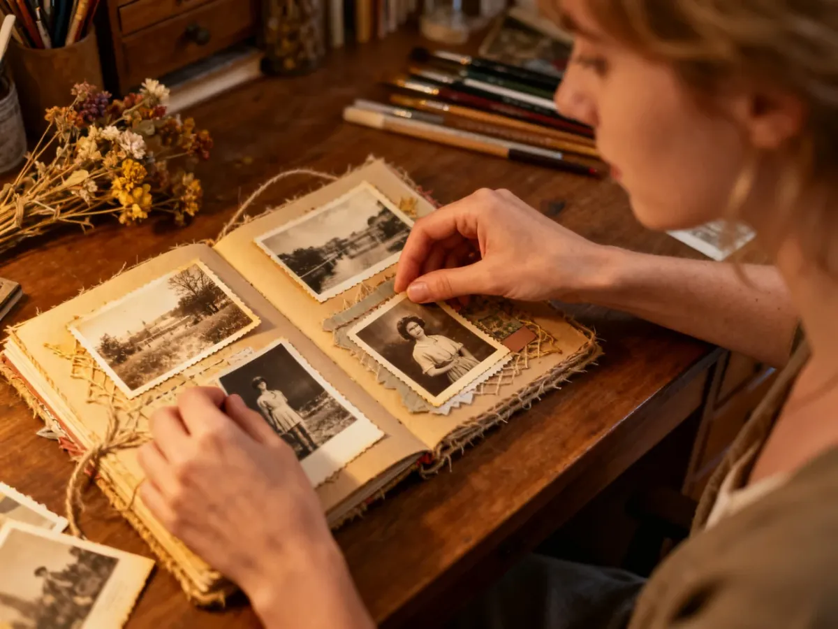 Kobieta układa stare fotografie w ręcznie robionym albumie na drewnianym biurku w przytulnym, ciepłym wnętrzu.