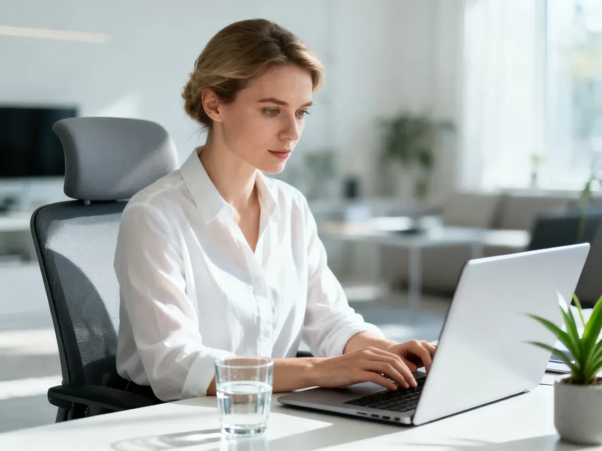 Kobieta w nowoczesnym biurze zachowująca wyprostowaną, ergonomiczną postawę podczas pracy przy laptopie.
