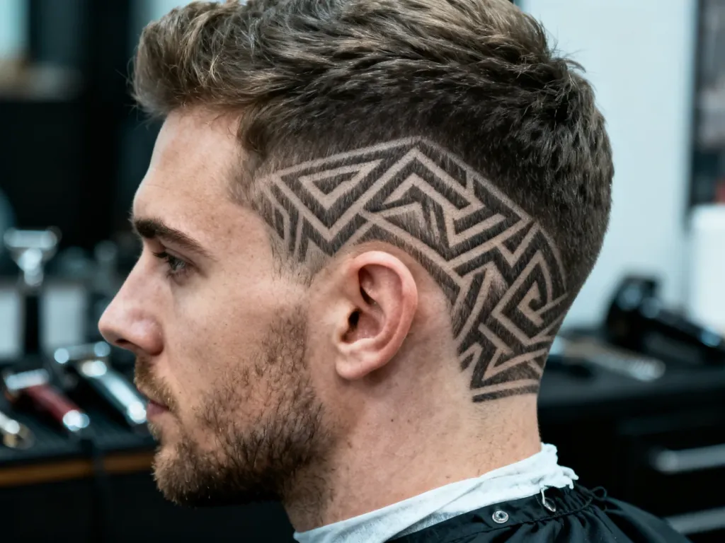 Mężczyzna z precyzyjnie wygolonymi geometrycznymi wzorami na boku głowy, prezentujący modną fryzurę typu hair tattoo.