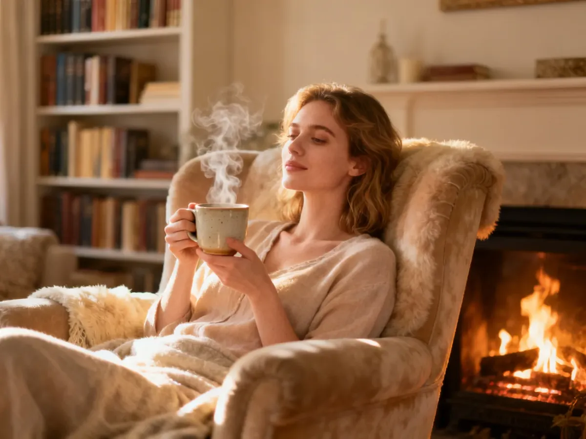 Kobieta relaksująca się w przytulnym fotelu z kubkiem gorącego napoju przy kominku, tworząca atmosferę idealnego wieczoru.