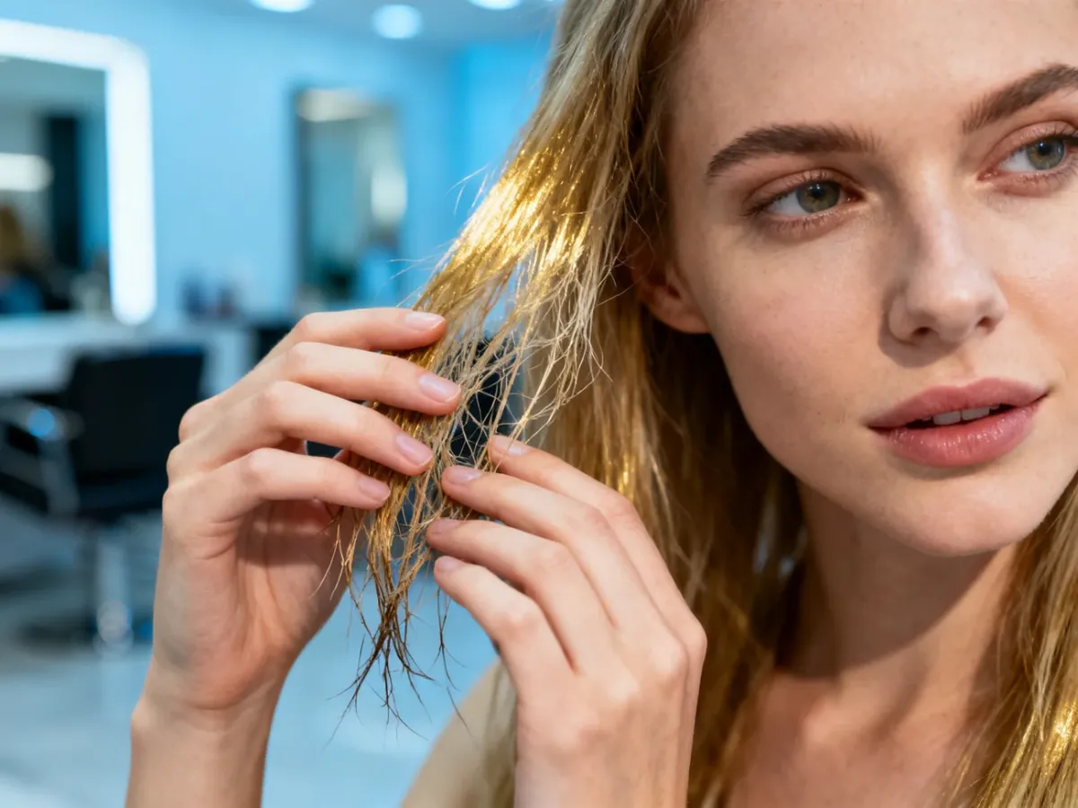 Kobieta dotykająca zniszczonych, przesuszonych i puszących się końcówek włosów w profesjonalnym salonie fryzjerskim.