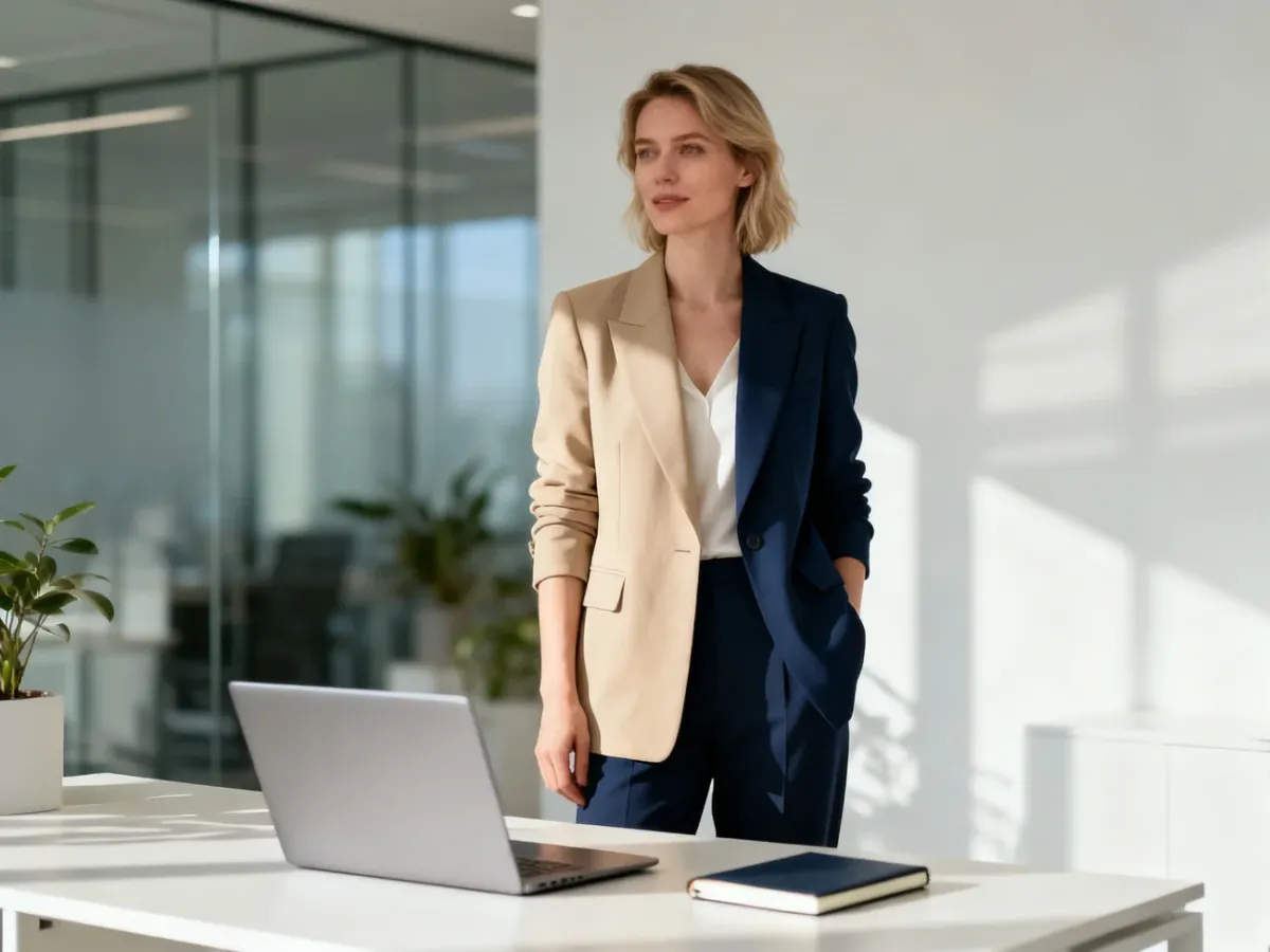 Kobieta w eleganckim stroju smart-casual w nowoczesnym biurze, prezentująca profesjonalny styl do pracy.