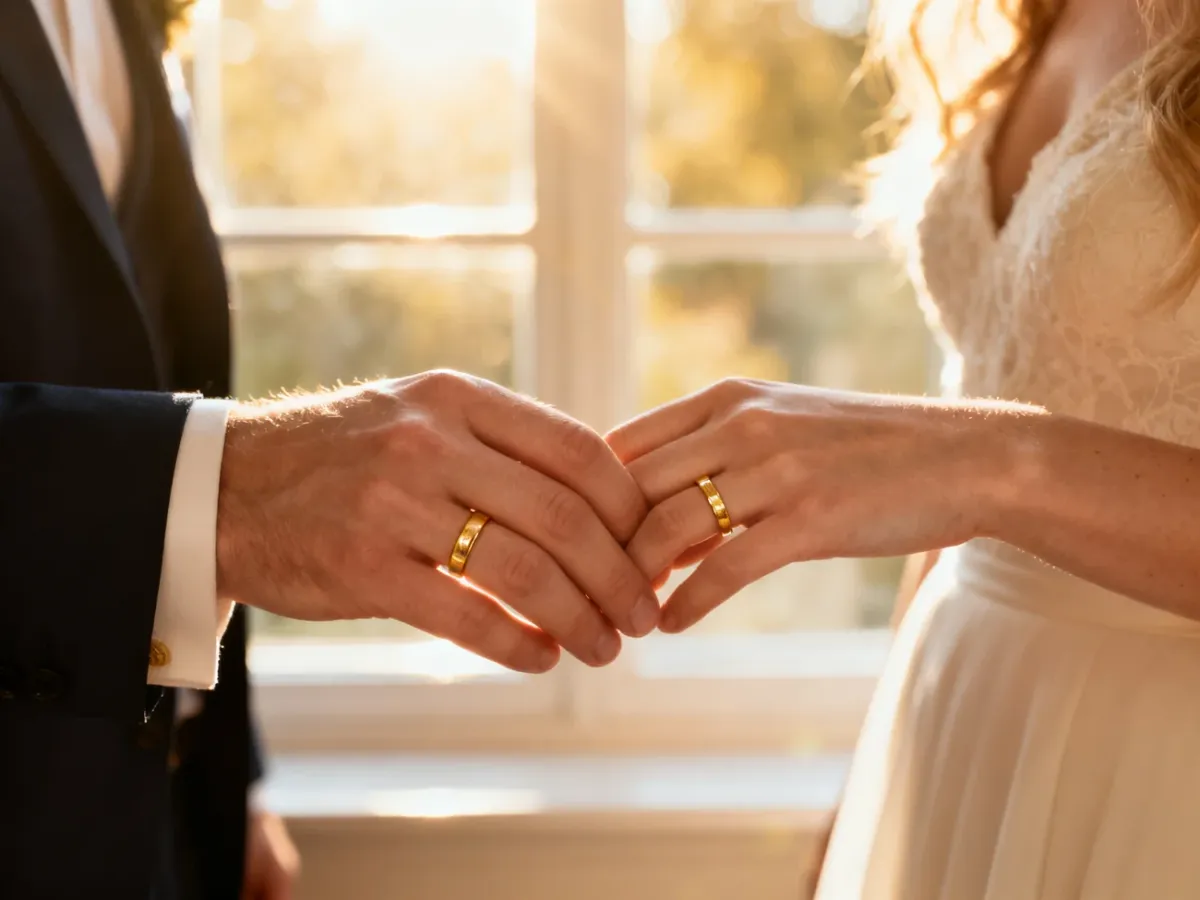 Zbliżenie na dłonie pary z eleganckimi złotymi obrączkami w ciepłym, romantycznym świetle słonecznym.