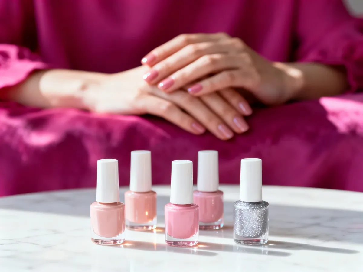 Elegancki manicure w odcieniach nude i różu, idealnie pasujący do sukienki w kolorze fuksji.