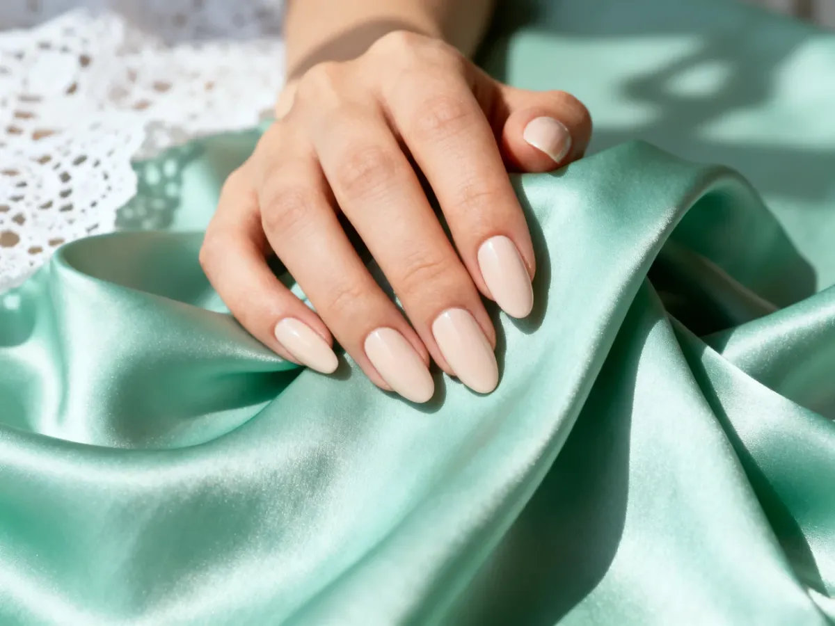 Eleganckie paznokcie w kolorze nude na tle miętowego jedwabiu, idealnie komponujące się z delikatną stylizacją.