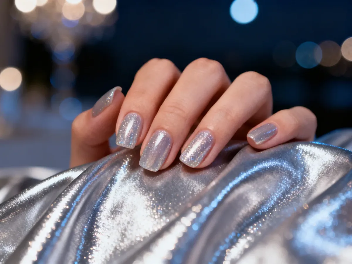 Elegancki manicure w chłodnych odcieniach, idealnie dopasowany do srebrnej sukienki w wieczorowej scenerii.