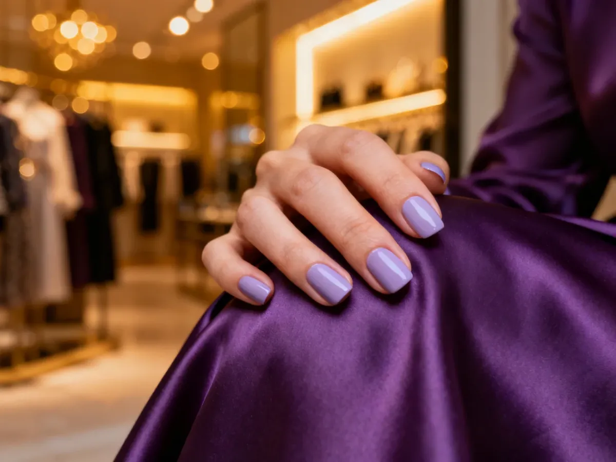 Dłoń z eleganckim, lawendowym manicure spoczywająca na fioletowej tkaninie, idealnie komponująca się z wieczorową sukienką.