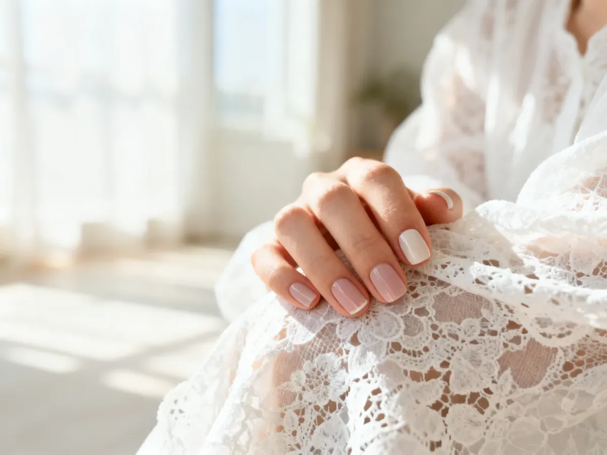 Zadbana dłoń z minimalistycznym manicure w pastelowych odcieniach, spoczywająca na delikatnej białej koronce.