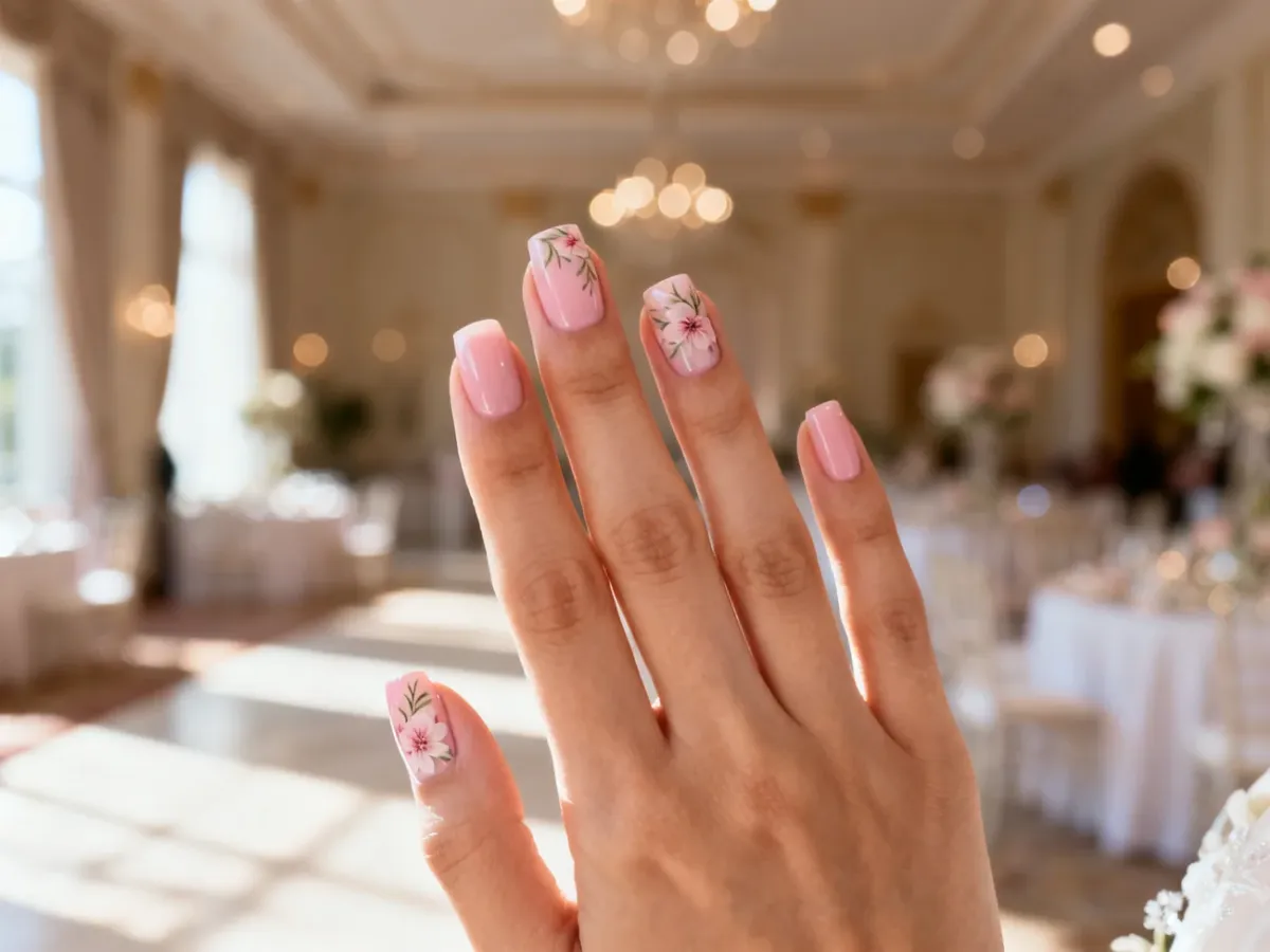 Elegancki manicure ślubny w pastelowym różu z delikatnym motywem kwiatowym na tle sali weselnej.
